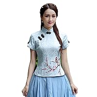 Women Chinese Cheongsam Shirts Embroidery Flowers Qipao Top Summer Slim Breathable Blouse Mandarin Collar Short Sleeve