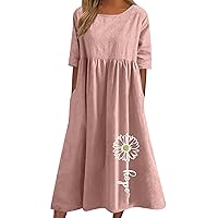 Sinzelimin Women's Pullover Dresses Fashion Boho Printed Cotton Linen Midi Dress Summer Short Sleeves Beach Casual Sundress