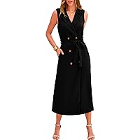 BTFBM Casual Business Dress 2024 Summer Work Office Lapel V Neck Slit Belted Sleeveless Button Down Dresses with Pockets