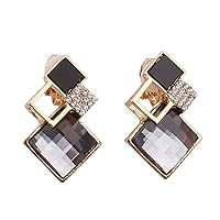 GRACE JUN Luxury Fashion Big Crystal Square Clip on Earrings and Drop Pierced Earrings for Women