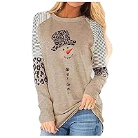 Christmas Snowman Leopard Tunic for Women Color Block Casual Long Sleeve Striped Blouse Round Neck Pullover T Shirt Tops