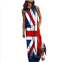 4th of July Dress for Women USA Flag Dresses Sexy Side Split Maxi Dress 2024 Summer Casual Party Prom Dresses with Pockets