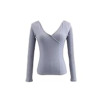Women's Sexy V-Neck Off The Shoulder Shirts Fashion Cross Wrap Ribbed Knit Blouse Casual Tight Solid Long Sleeve Tops