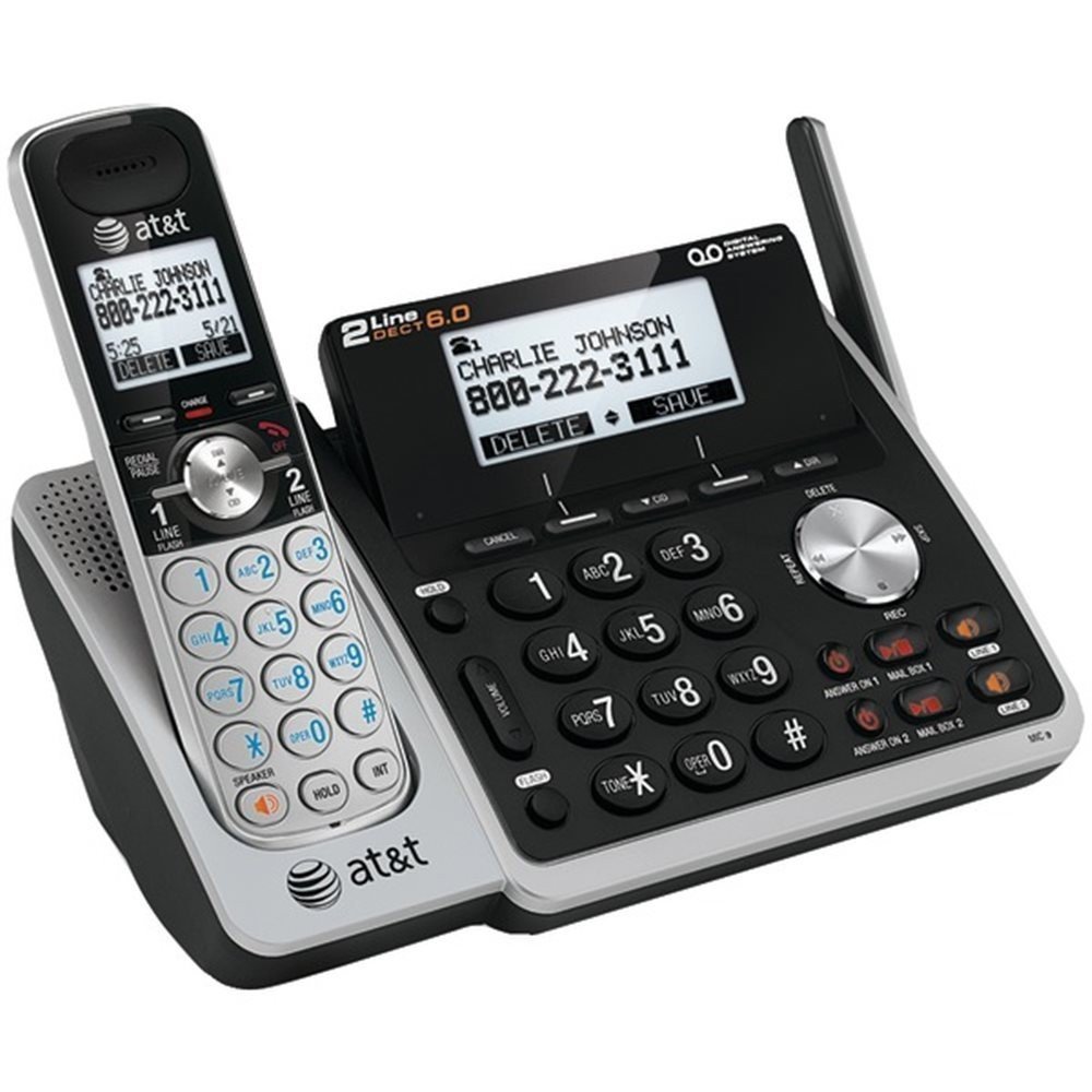 AT&T TL88102 DECT 6.0 2-Line Expandable Cordless Phone with Answering System and Dual Caller ID/Call Waiting, 1 Handset, Silver/Black