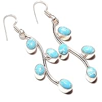 Best Gift Jewelry For Girls! Blue Larimar HANDMADE Sterling Silver Plated Earring 2.25
