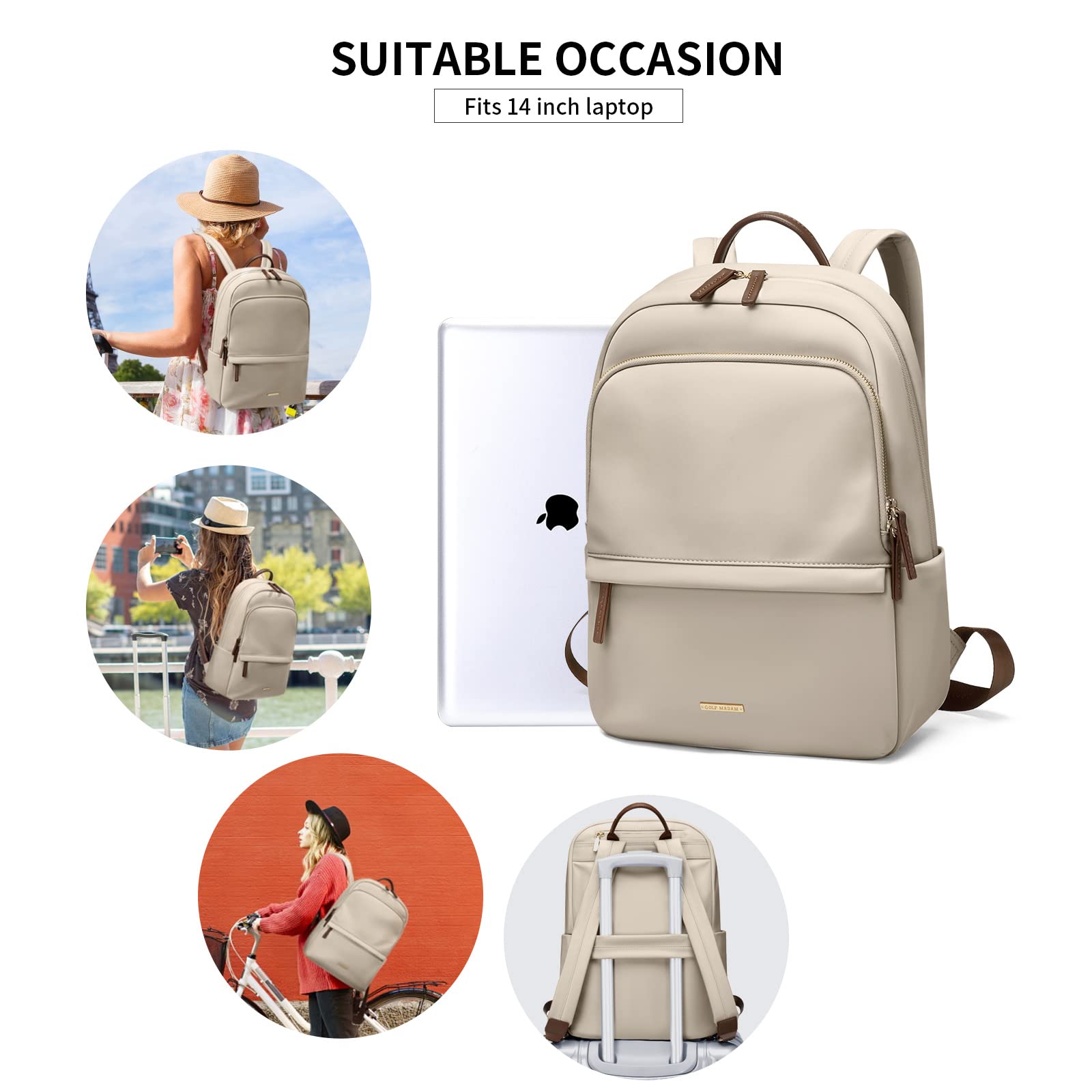 GOLF SUPAGS Laptop Backpack for Women Slim Computer Bag Work Travel College Backpack Purse Fits 14 Inch Notebook (Apricot)