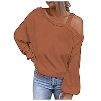 Off Shoulder Tops for Women Fashion One Shoulder Long Sleeve Shirts Tee Solid Casual Vacation Blouse Loose Clothes