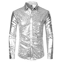 Mens Patchwork Metallic Coated Dress Shirts Black Silver Contrast Design Shirt Men 70'S Disco Prom Stage Costumes