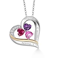 925 Sterling Silver and 10k Yellow Gold Customized and Personalized 3-Stone 5MM Gemstone Birthstone and White Lab Grown Diamond Heart Shape Name Engraved Pendant Necklace For Women with 18 Inch Chain