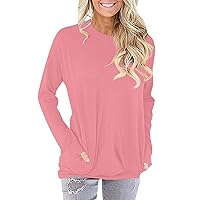Blouses for Women Dressy Casual,Women's Fashion Casual Round Neck Solid Color Long Sleeve Pocket T-Shirt Top