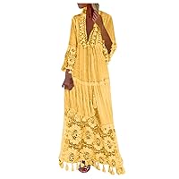 Women's Bohemian Dress,V Neck Long Sleeve Tassel Plus Size Long Lace Dress Vacation Beach Ethnic Style Maxi Dresses Yellow