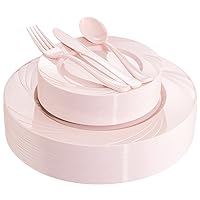 YOUBET 125PCS Pink Plastic Plates - Pink Birthday Plastic Plates Include 25 Dinner Plates 25 Dessert Plates 25 Silverware for Wedding, Mother Day & Birthday Parties