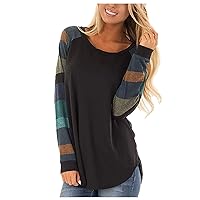 Cropped Long Sleeve Tops for Women Sexy Women's Casual Top Stripe Long Sleeve Round Neck Patchwork Loose Blous