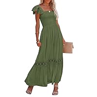 ZESICA Women's 2024 Summer Lace Strap Sleeveless Square Neck Smocked High Waist Ruffle Hollow Out Flowy A Line Maxi Dress