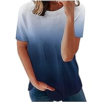 Womens Crew Neck Pullover Tops Casual Short Sleeve Summer Tshirts 2024 Fashion Gradient Tees Loose Fit Soft Tunic Blouses