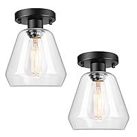 2-Pack Modern Industrial Semi Flush Mount Ceiling Light with Clear Glass Shade, Black Farmhouse Ceiling Light Fixtures for Hallway Bedroom Porch Kitchen Corridor, E26 Socket, Bulbs Not Included