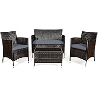 Goplus 4-Piece Rattan Patio Set, Outdoor/Indoor Wicker Conversation Set for Pool, Backyard, Lawn, Wicker Chairs and Sofa with Soft Cushion, Rattan Furniture with Tempered Glass Coffee Table