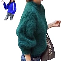 Lady Winter Angora Cashmere Blend Loose Warm Sweater, Solid Color Crewneck Knit Pullover Fluffy Sweater
