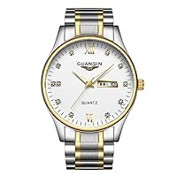 Men Quartz Fashion Business Rhinestone Luminous Calendar Wrist Watch with Analog Display and Stainless Steel Band