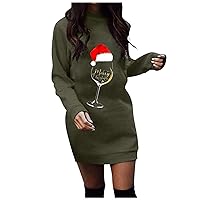 Women Red Wine Glass Christmas Sweatshirt Dress Long Sleeve Crewneck Funny Christmas Xmas Santa Hat Tunic Mini Dress