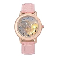 Sea Waves Fashion Leather Strap Women's Watches Easy Read Quartz Wrist Watch Gift for Ladies