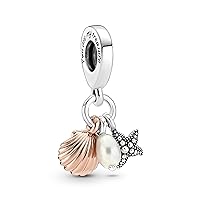 PANDORA Moments 781690C01 Freshwater Cultured Pearl, Starfish & Shell Triple Charm Pendant in Sterling Silver and 14K Rose Gold Plated Alloy, Sterling Silver, Pearl