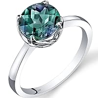 PEORA 2.25 Carats Created Alexandrite Classic Solitaire Ring for Women 14K White Gold, Color-Changing Round Shape 8mm, Size 7
