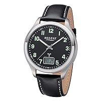 REGENT Men's Radio Controlled Watch Titanium Analogue Digital with Leather Strap and Arabic Numerals