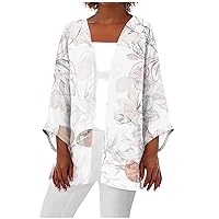 Lightweight Kimono Cardigans for Women Open Front Short Sleeve Sweaters Beach Cover Up Brown White