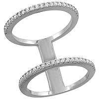 Sterling Silver Cubic Zirconia Spaced Double Ring Micro Pave 3/4 inch Long, Sizes 6-9