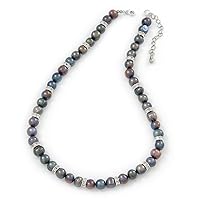 Avalaya 9mm Potato Shaped Peacock Coloured Freshwater Pearl With Crystal Rings Necklace In Silver Tone - 43cm L/ 6cm Ext