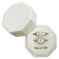Velvet Ring Box 3 Slots - Octagonal Premium Rings Holder Handmade Ring Bearer Jewelry Storage Organizer for Wedding Ceremony, Christmas, Photography Prop (Ivory)