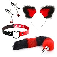 Cute Fox Tail Anal Plug Cat Ears Headbands Set Adult Games Nipple Clip Neck Collar Erotic Cosplay Sex Toys for Women (Color : BlackRed)