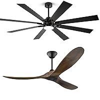 2PCS Outdoor Ceiling Fans for Patios - 8 Blade Plywood Black Ceiling Fan with Light + 3 Blade Solid Wood Walnut Ceiling Fan no Light, Quiet Reversible DC Motor Ceiling Fan