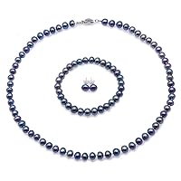 JYX Pearl Necklace Set Pretty 7-8mm Black and Blue Flat Round Freshwater Pearl Necklace Bracelet and Earrings Set