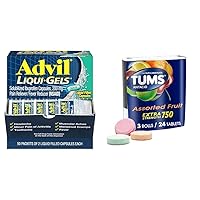 Liqui-Gels 200mg Ibuprofen Pain Reliever 50x2 Pack + TUMS Fruit Antacid Chewable Tablets Heartburn Relief 3 Rolls