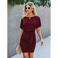 Solid Batwing Sleeve Belted Fitted Dress (Color : Maroon, Size : XL)