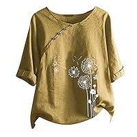 Cotton Linen Tops for Women Plus Size Oversized Crew Neck Dandelion Print Tops Short Sleeve Summer Fashion Blouse Tee Shirts