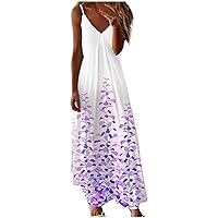 Women's Bohemian Print V-Neck Glamorous Dress Flowy Casual Loose-Fitting Summer Swing Sleeveless Long Floor Maxi Beach Purple