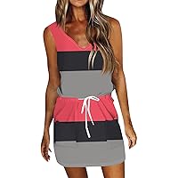 Sundresses for Women 2024 Summer Casual Loose V Neck Mini Dress Fashion Striped Drawstring T Shirt Dress with Pockets