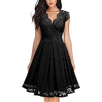 Women Floral Lace V Neck Short Sleeve Formal Dress Swing A-Line Wedding Bridesmaid Cocktail Party Midi Dresses