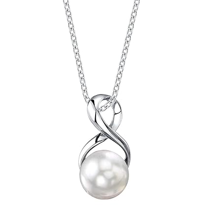 The Pearl Source Freshwater Pearl Pendant Necklace for Women - White Cultured Pearl Necklace with Infinity Design | Single Pearl Necklace for Women with 925 Sterling Silver Chain, 9.0-10.0mm