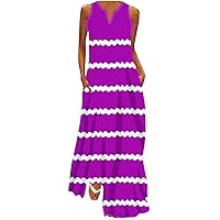 Women's Summer Dresses 2024 Baggy Kaftan Long Maxi Dress Striped Print Plus Size Tank Dresses Flowy Boho Sundress Purple