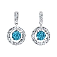 Round Shape Dangle Earrings for Wedding-Over .925 Sterling Silver London Blue Topaz & CZ Diamond Halo Earrings Womens Bridal Jewelry