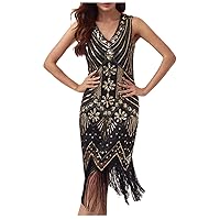 Plus Size Women 1920s Vintage Fringed Sequin Art Deco Dress Tassels Sleeveless V-Neck Cocktail Gatsby Flapper Dress