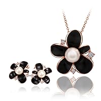 Rose Flower Black Jewelry Set Necklace Earrings Inlaid Pearl Rose Gold Plated Gift for Womens
