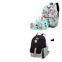 Lmeison Green Floral Backpack with Lunch Bag & Cute Backpack for School