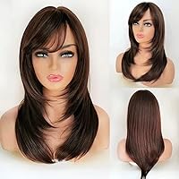 Long Straight Brown Wigs for Women Bob Straight Brown Heat Resistant Hair Replacement Wig With Side Bangs for Daily Use 21 Inches