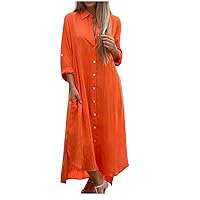 Womens Casual Long Sleeve Button Down Dress Loose Cotton Linen Maxi Shirt Dress Plus Size Flowy Summer Beach Long Dress