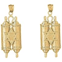 Jewish Torah Scroll Earrings | 14K Yellow Gold Jewish Torah Scroll with Star Lever Back Earrings - Made in USA